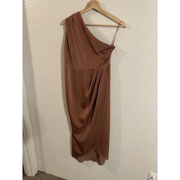 Showpo Bronze Silky One Shoulder Draped Mini Dress - Picture 3 of 12
